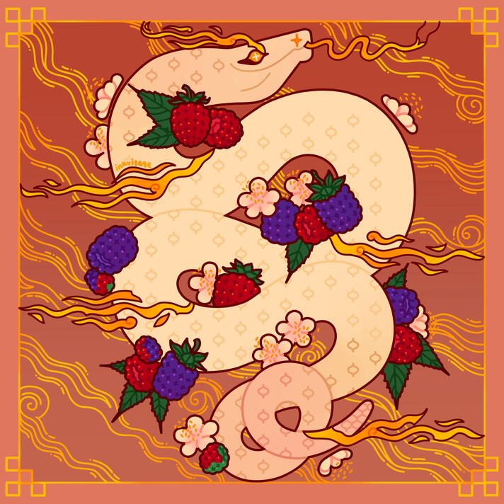 Depicted is an albino snake flanked by pale berry blossoms, red raspberries, and dark blackberries. A gold frame and gold waves highlights a light brown background.