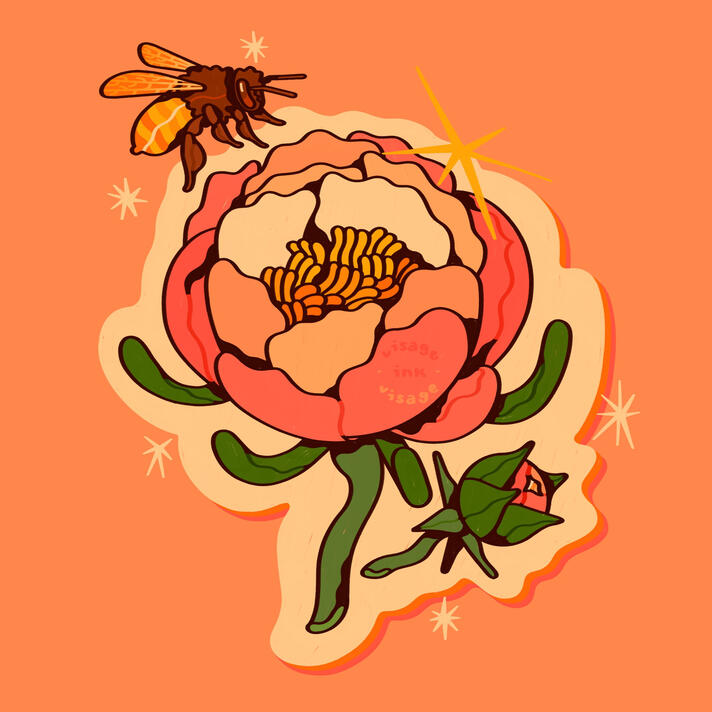 Depicted is a cream and pink peony and peony bud visited by a brown, yellow, and orange honey bee. The flower has a cream border with an orange and pink halo. Cream stars and one yellow surround the trio.