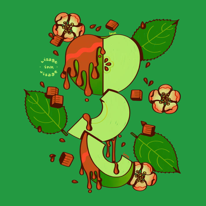 Depicted is a cut apple dripping with caramel. Apple leaves, seeds, and caramel squares dot the canvas.