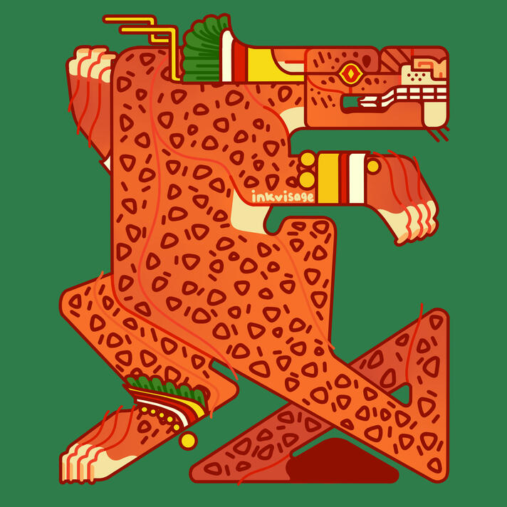 Depicted is a jaguar in a Mesoamerican art style. The jaguar wears a headdress of green feathers and cufflinks of gold. This is all on a green background.
