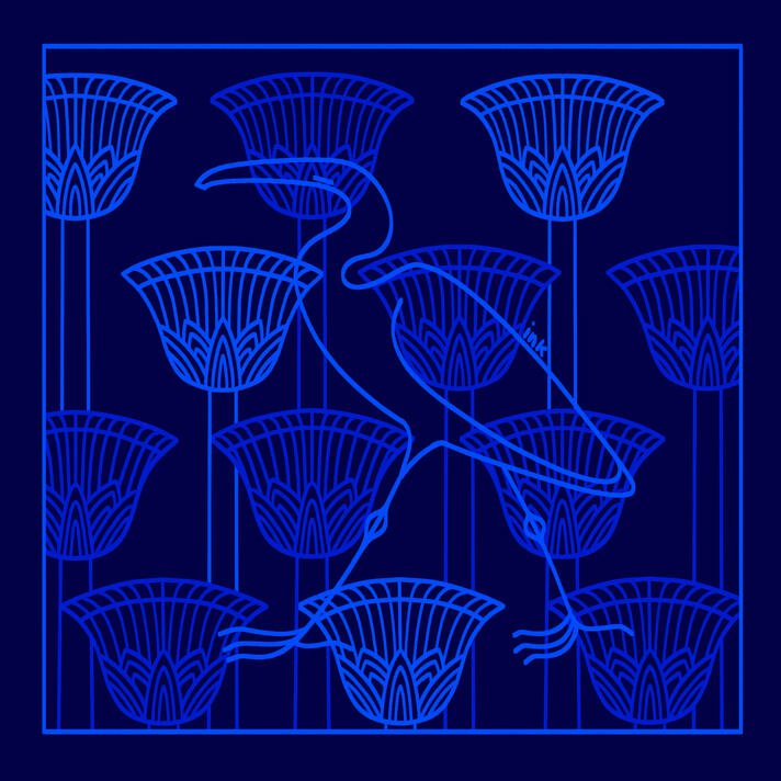 Depicted is an ibis walking among Egyptian-styled reeds. The work is lined with two shades of blue.