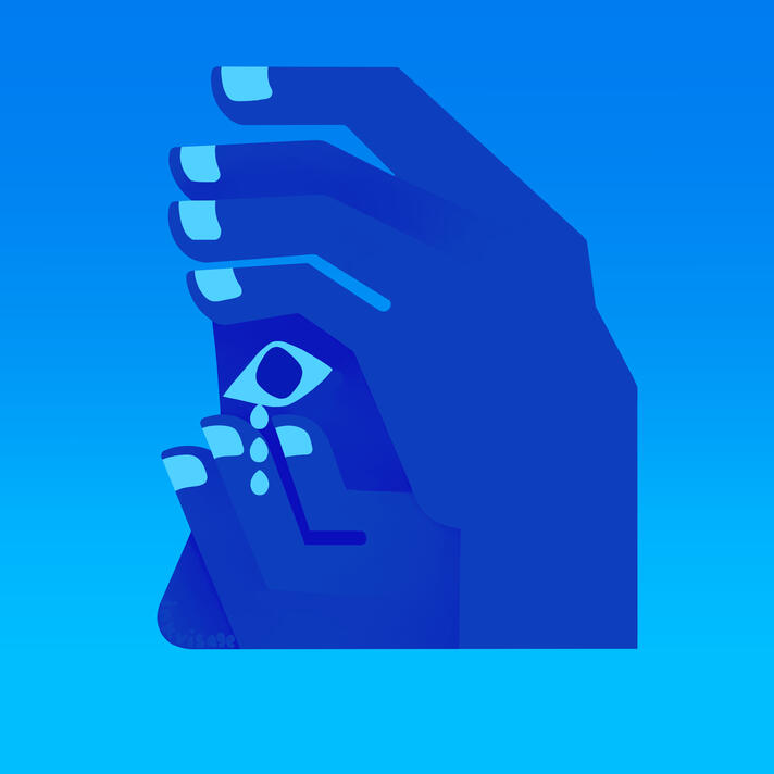 Depicted is a monochromatic blue figure obscuring their face with their hands. The one eye peering out is crying.
