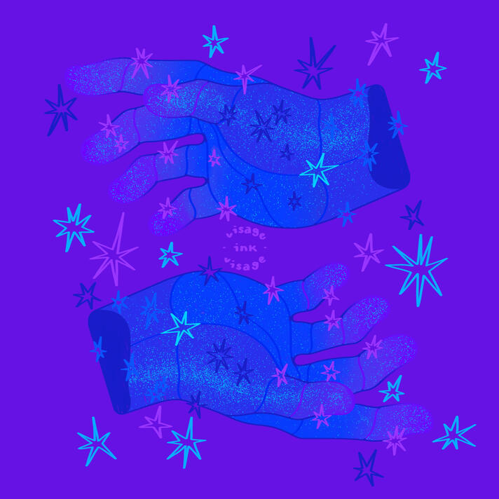 Depicted are two hands in a galactic, ethereal color scheme of blues and violets. Small stars shimmer within the hands. Larger stars dot around the canvas.