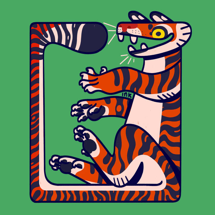 Depicted is a friendly tiger, sitting upright, reaching out toward his tail in an attempt to catch it.