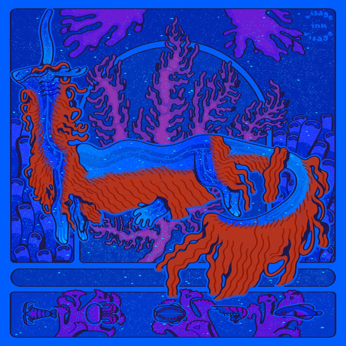 Depicted is a red and blue bioluminescent siphonophore "serpent" floating among a dark blue sea dotted with marine snow, similar to the stars in space. Vibrant plants and animals dot the canvas.