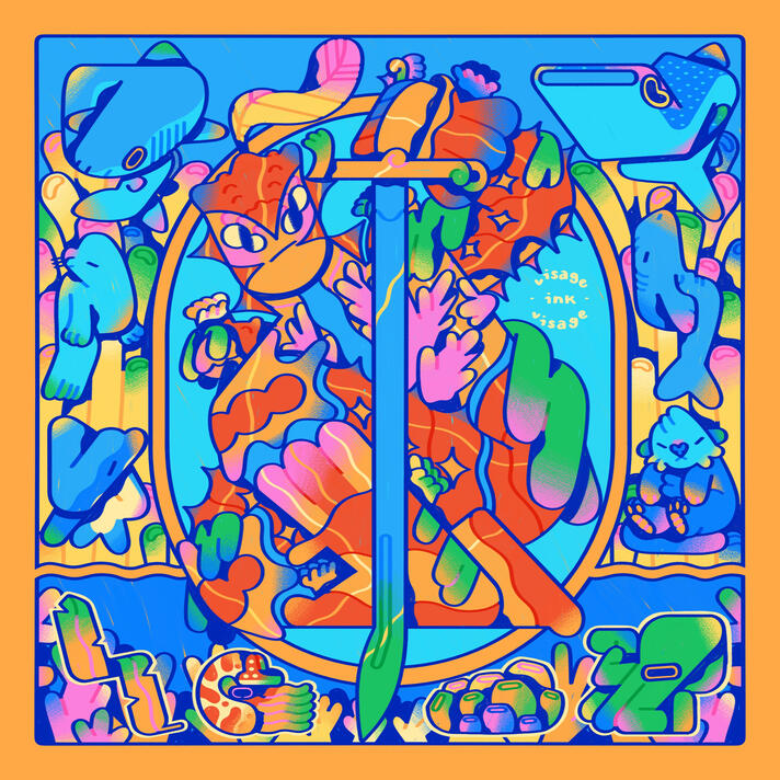 Depicted is an anthropomorphic red and orange decorator crab knight wielding a parang nabur sword. All around the composition are various plants and animals.