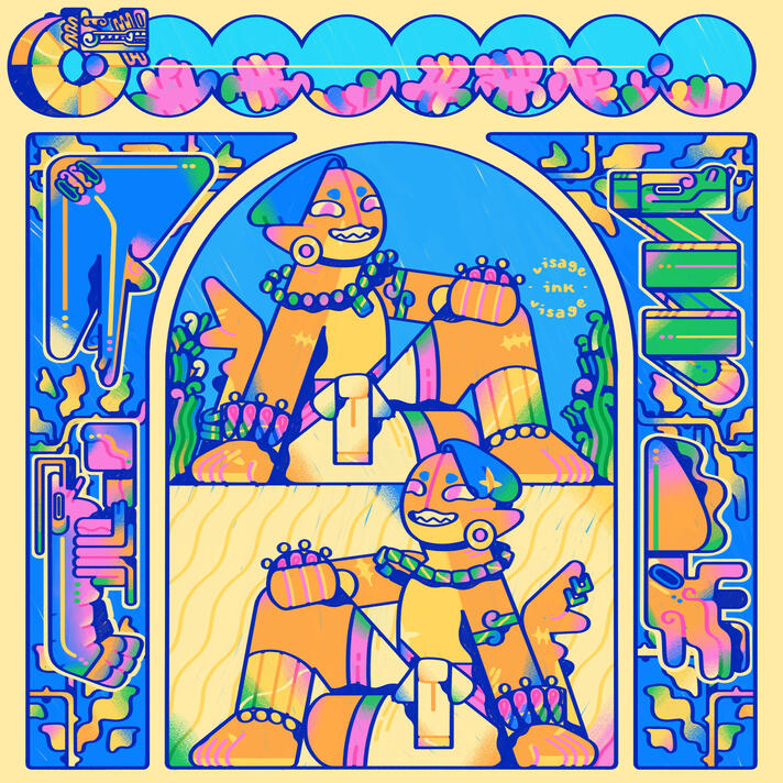 Depicted are two antropomorphic shark brothers from K'iche' Maya mythology. Various plants, animals, and a game of pok ta pok surround the pair.