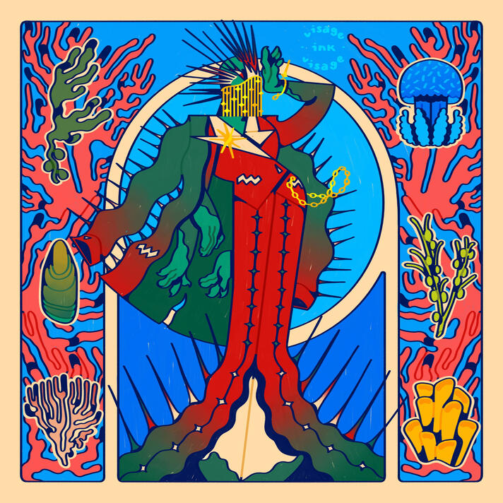 Depicted is a green hued sea urchin with green, red, and white spikes on her head. She dons a red powersuit with white lapels and green gradient hems and sleeves. A myriad of plants and animals flank the canvas.
