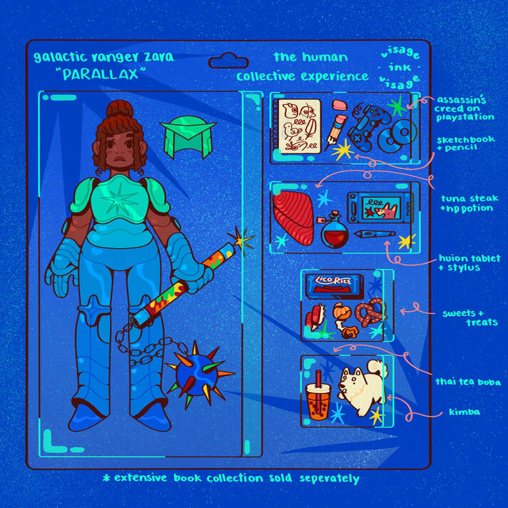 Depicted is Zara in a vibrant galactic ranger's armor within a blister pack, wielding a multicolored flail at her side. To the right are various items of her interest; food, hobbies, her dog.