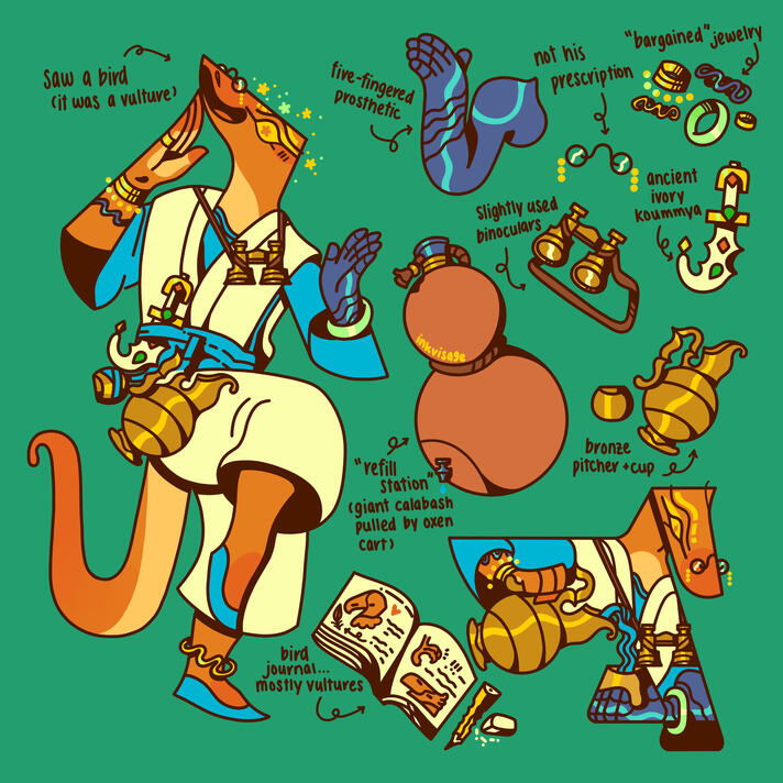 (Character Design Challenge) Depicted is an anthropomorphic orange lizard who scavenges and collects from desert dwellers. Various trinkets are depicted to the right of him.