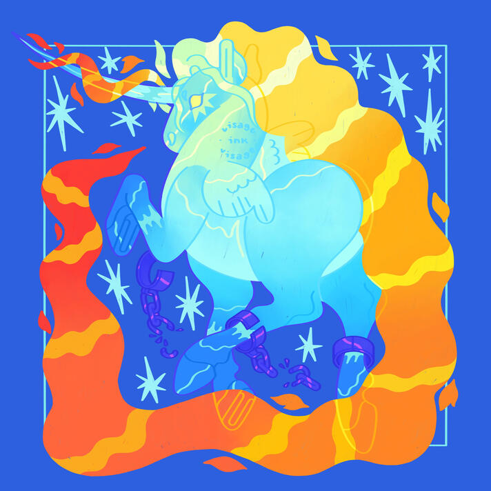 Depicted is an unshackled blue and white unicorn pegasus (blue and white fire) with a flowing mane of varying fire temperatures: from white hot flame to yellow, orange, and a cooler red.