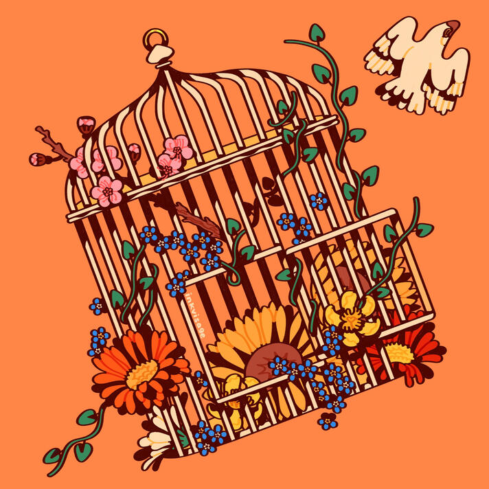 Depicted is an open birdcage filled with sunflowers, cherry blossoms, zinnias, winter aconite, and forget-me-nots. A dove is seen in the top right hand corner making an escape.