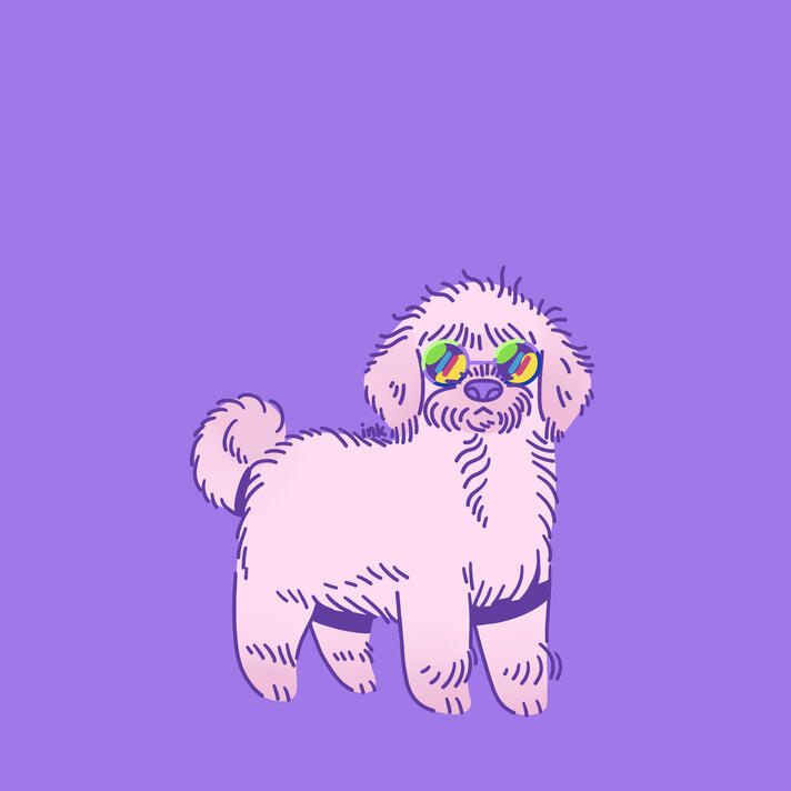 Depicted is a sweet little bolognese wearing colorful sunglasses in a mostly monochrome violet.