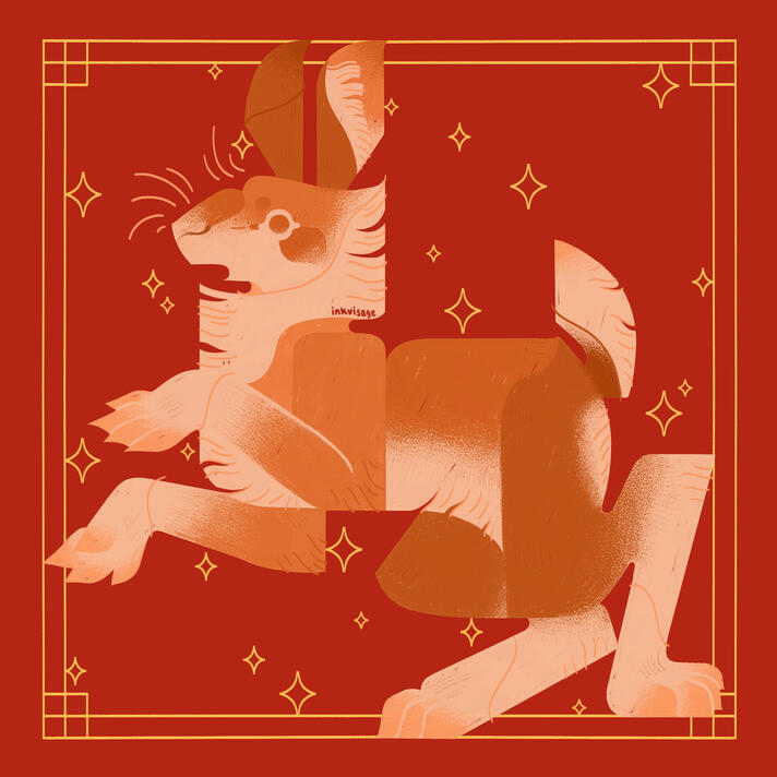Depicted is a hare with a shocked expression in a readied position to run at a moment's notice. Luxuriously flanked by a deep red backdrop and gold stars.