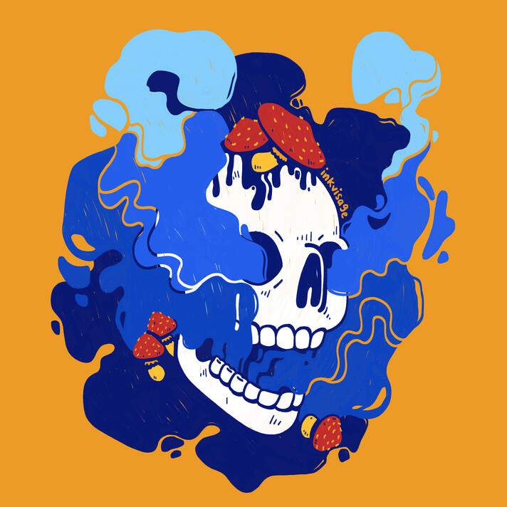 Depicted is a skull surrounded by smoke of various shades of blue. Smoke billows from the eyes and mouth. Around and on the head are death cap mushrooms, dark blue poison oozes onto the skull’s head.