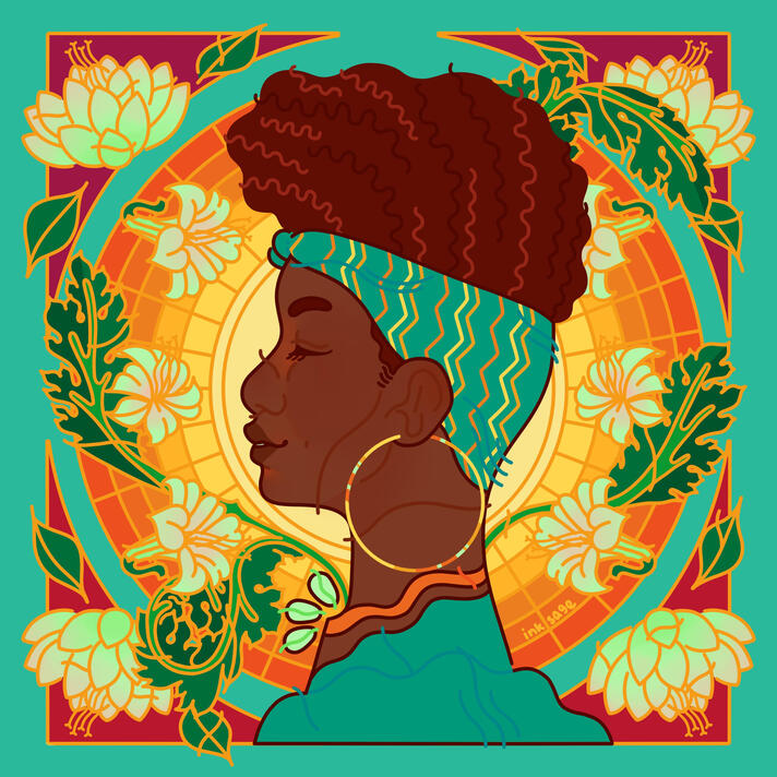 Depicted is a black woman in profile wearing a frilled blouse, patterned headwrap, and jewelry. Behind her is a pale yellow sun with radiating beams. Flowers flank the work.