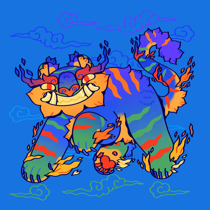 Depicted is a fiery, grinning cat beast. The coat colors range from green to blue to violet. The flames that emit from the paws, tail, and eyebrows range from yellow to orange to red to blue. Green, blue, and violet swirling clouds are in the backdrop.