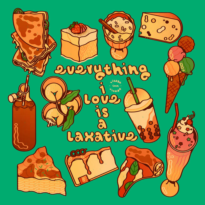Depicted are an array of lactose foods: quesadilla, tres leches cake, spiced rice pudding, emmental cheese, chocolate milk, tortellini, Thai tea boba, triple scoop gelato, potato Dauphinoise, turtle cheesecake, Neapolitan pizza slice, and milkshake.