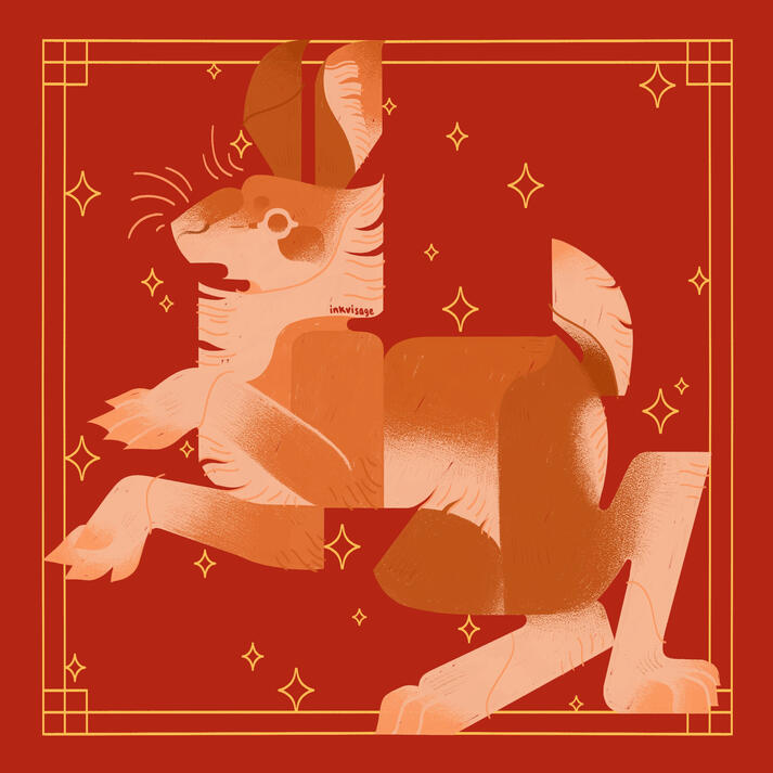 Depicted is a hare with a shocked expression in a readied position to run at a moment's notice. Luxuriously flanked by a deep red backdrop and gold stars.